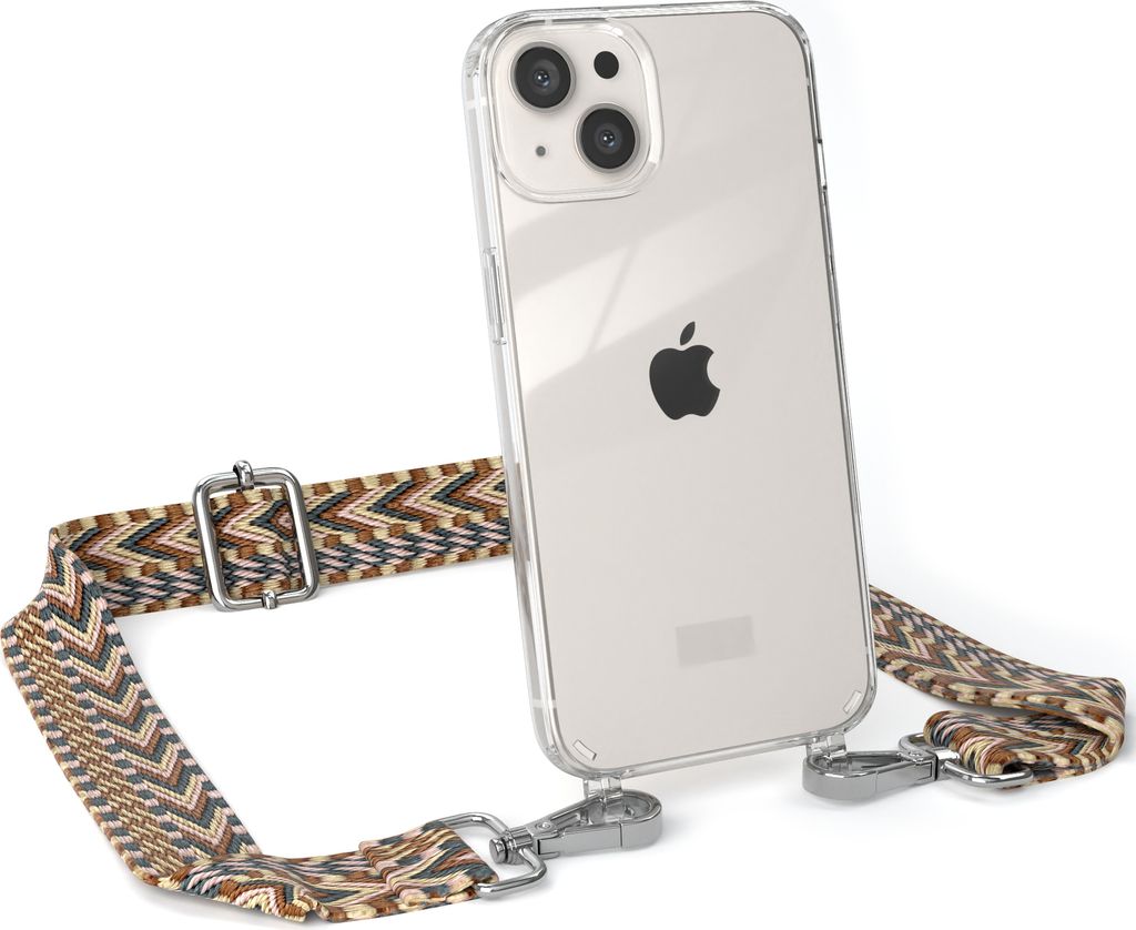 EAZY CASE Handykette - Verstellbarer Trageriemen kompatibel mit Apple iPhone 13, Handykordel mit transparenter Silikon-Hülle, Band in Braun