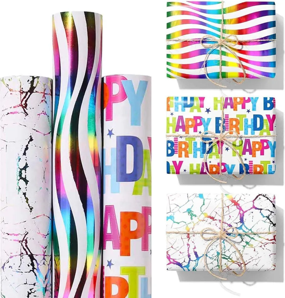 Papier cadeau pour fête d'anniversaire : lot de 3 designs Happy Birthday