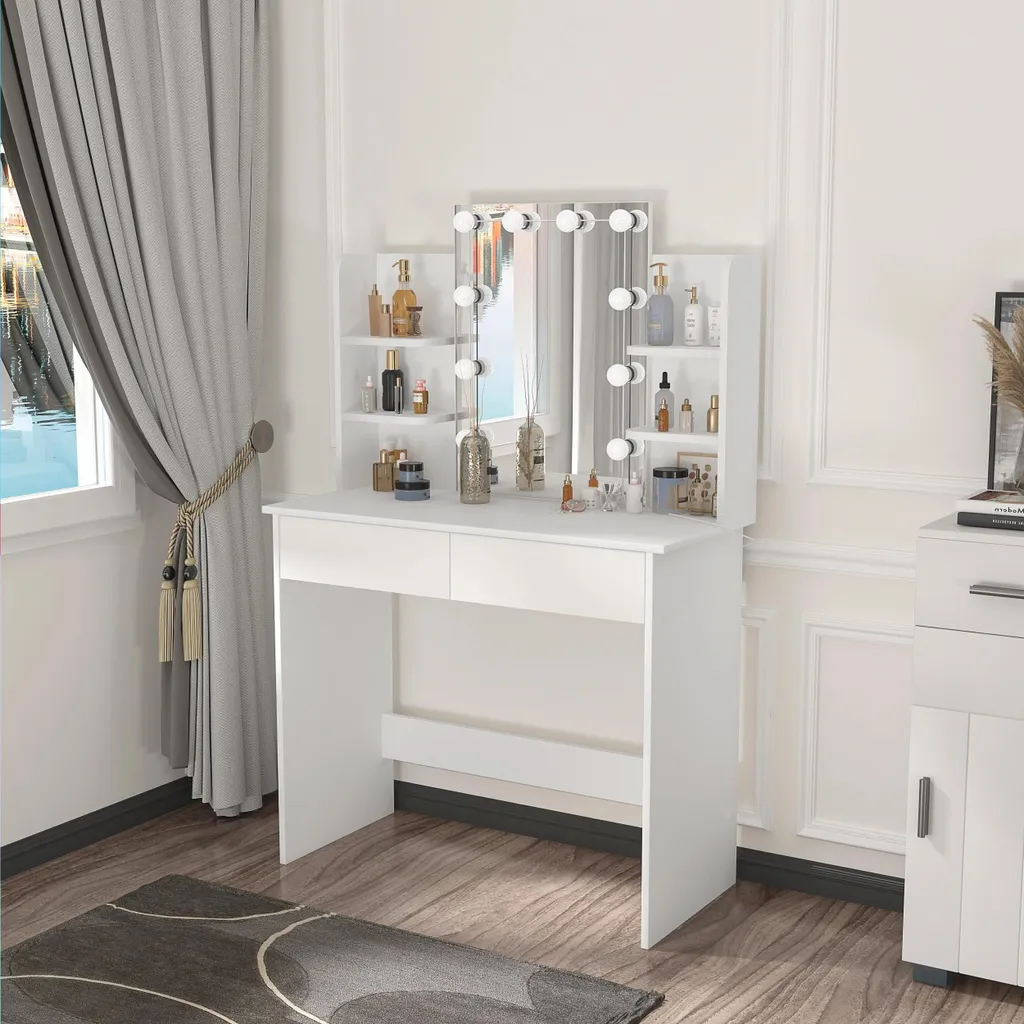 Coiffeuse Blanche Gain de Place avec Miroir LED et Rangement Multi-niveaux - 2