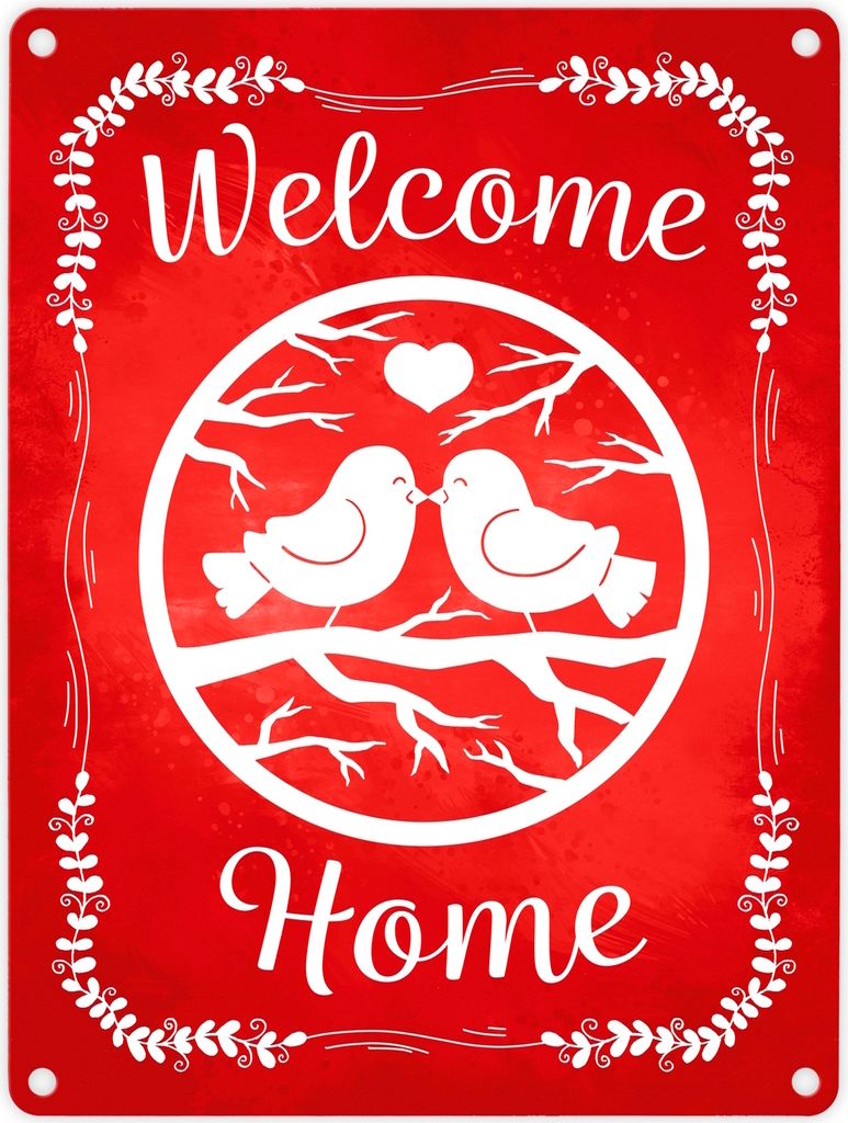 Welcome Home mit niedlichen Vögeln Metallschild in 15x20 cm in rot