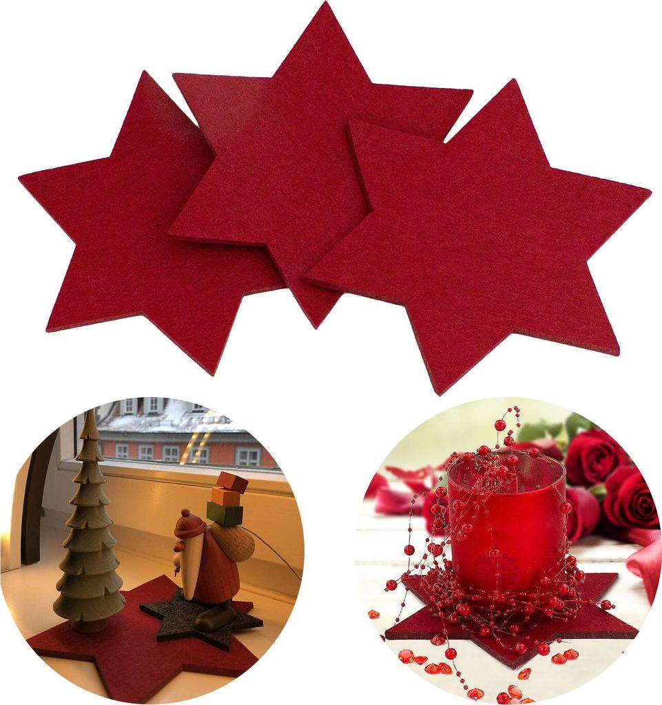 A collage of red felt stars, a Christmas tree and gnome decoration on a windowsill, and a red candle holder with red beads.