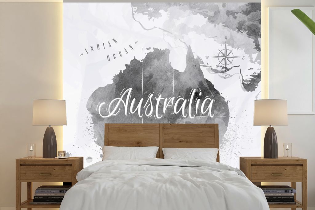 MuchoWow Fototapete für Wohnzimmer oder Schlafzimmer Wandtapete Vinyl Motivtapete Australien - Weltkarte - Aquarell - 280x280 cm - Hintergrundbild