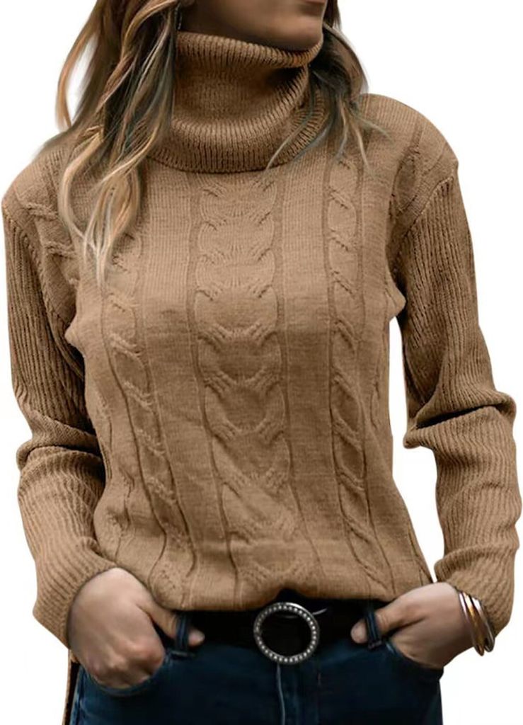 ASKSA Damen Elegant Rollkragen Pullover Casual Strickpullover Jumper Langarm Pulli Sweatshirt Oberteile, Kaffee, M
