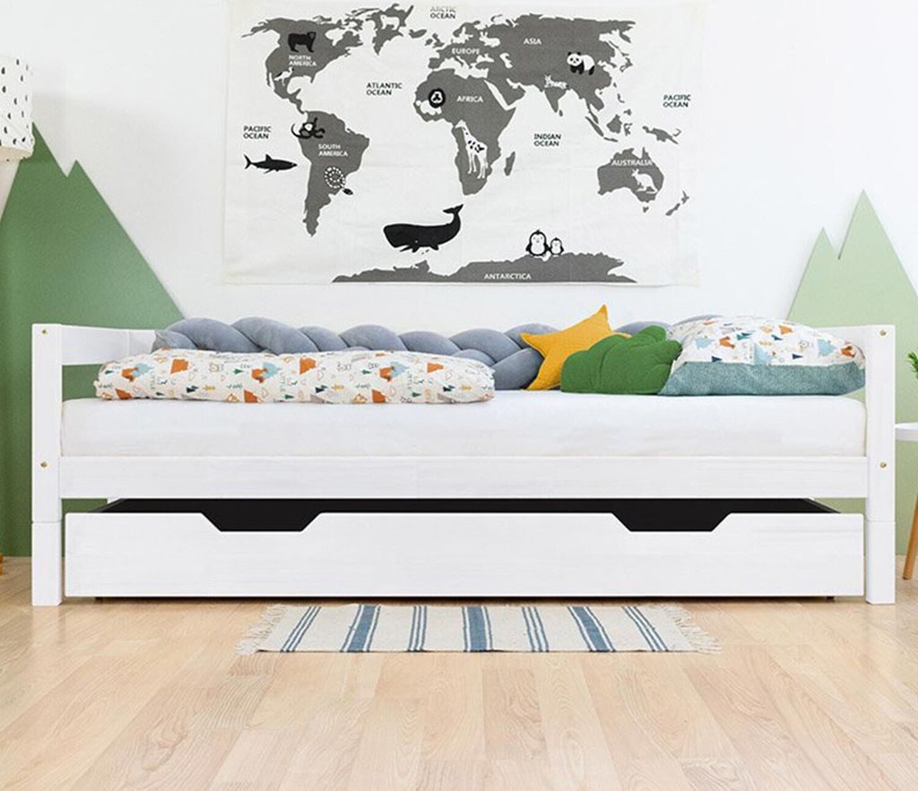 Under Bed Wooden Drawer with two cutouts BUDDY on Wheels - White - With slack - 90 x 140 cm (under bed 90 x 160 cm)