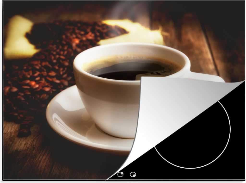 KitchenYeah Herdabdeckplatte Eine heiße Tasse Kaffee mit Kaffeebohnen , 60x52cm, Küche Deko, Glaskeramikfeld Herdabdeckung, Abdeckplatte fùr K...