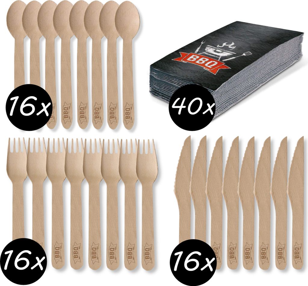 Amscan - BBQ Party Set - Holz-Besteck (48 Teile) + Servietten (40 Stück) Besteck Party grillen