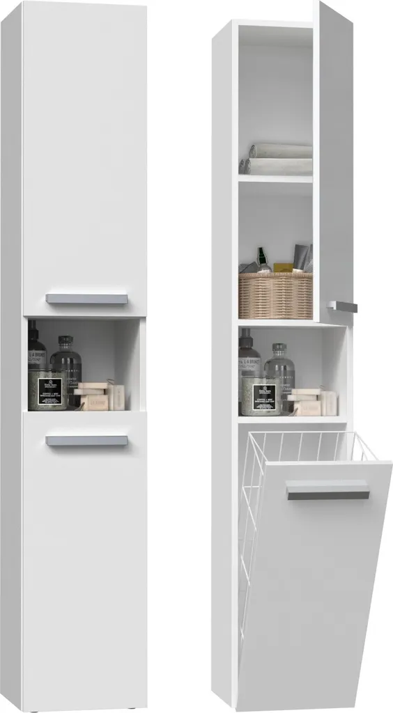 Armoire de toilette étroite ATSO blanc mat avec panier à linge intégré