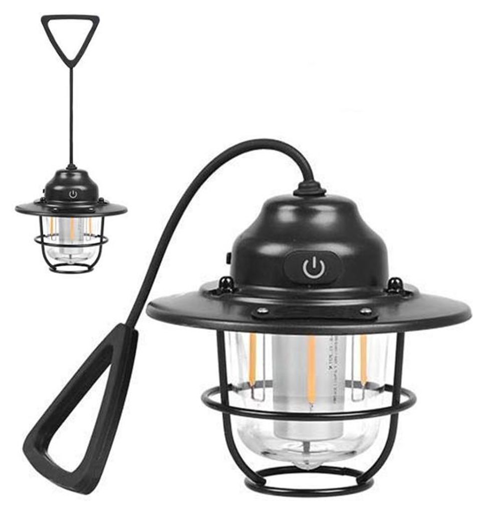 Retro Campinglampe, USB Aufladbare Zeltlampe, 4 Lichtmodi LED Campinglicht, IPX4 Wasserdichte Outdoor Lampe, Tragbare Notfallleuchte, Schwarz