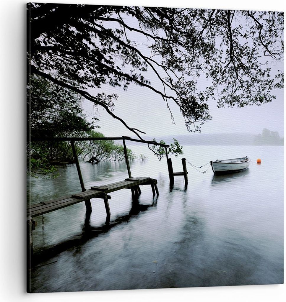 Bild auf Leinwand - Leinwandbild - See Dock Boot Bäume - 50x50cm - Wand Bild - Wanddeko - Wandbilder - Leinwanddruck - Bilder - Kunstdruck - Wandd...
