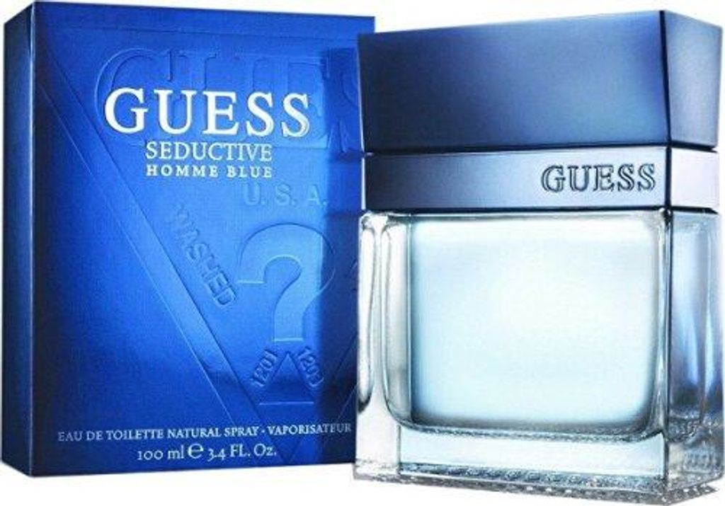 A bottle of Guess Seductive Homme Blue eau de toilette and its packaging are shown.