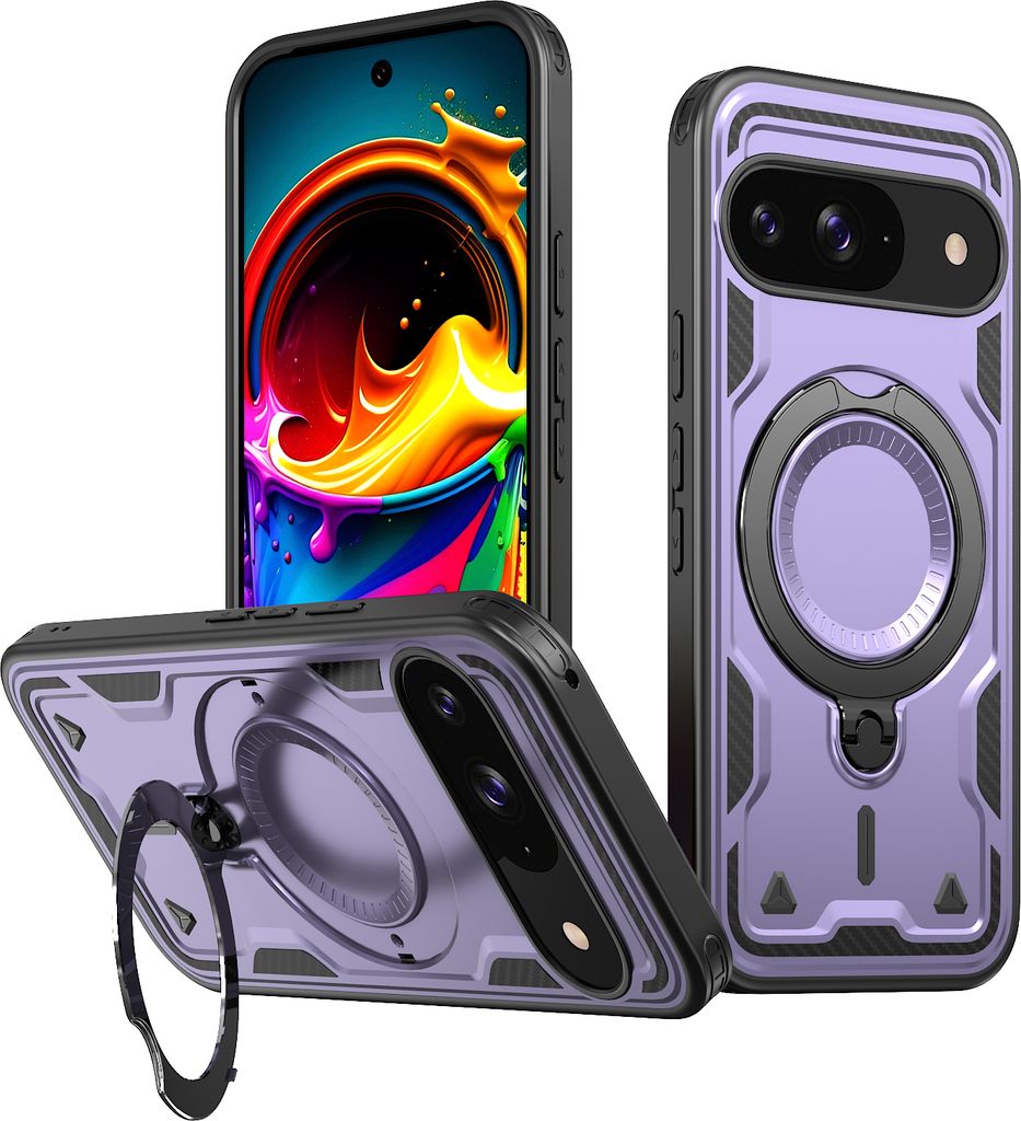 Dual Layer Hülle für Google Pixel 9 / 9 Pro Metall Ring Ständer Magnetisch Stoßfest Militär Handyhülle Lila