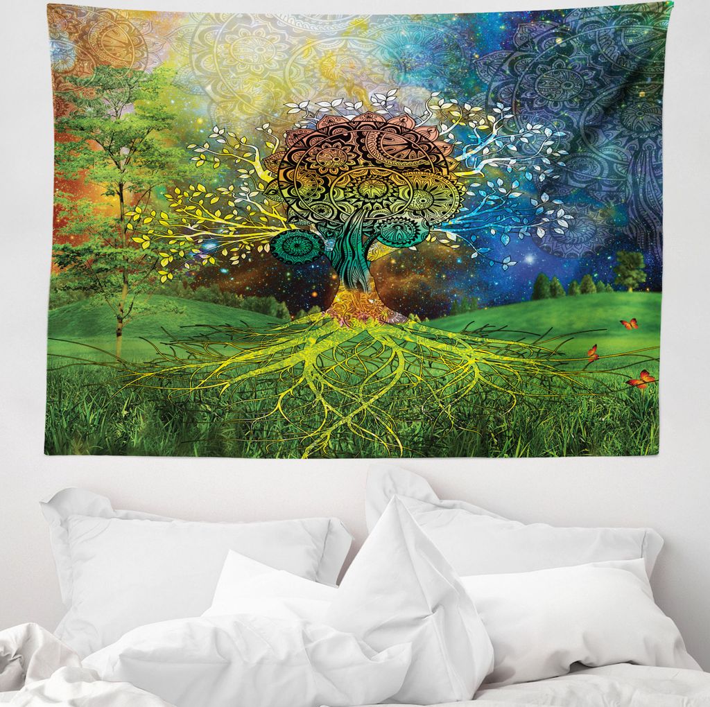 ABAKUHAUS Ethnisch Wandteppich, Mutter Erde Theme aus Weiches Mikrofaser Stoff Waschbar ohne Verblassen Digitaldruck, 150 x 110 cm, Grün blau