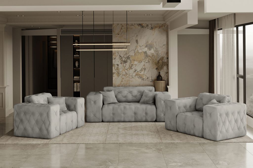 Kaiser Möbel Lux 2+1 + 1 Sofagarnitur, elegant, klassisch, schick in elegantem Whisper Stoff Silber