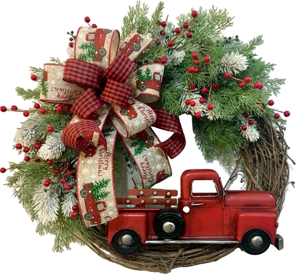 Weihnachtskranz mit rotem LKW, Schleife, Beeren, Rattan, wiederverwendbar, für den Urlaub, drinnen und draußen, für Fenster, Haustür, Wandbehan...