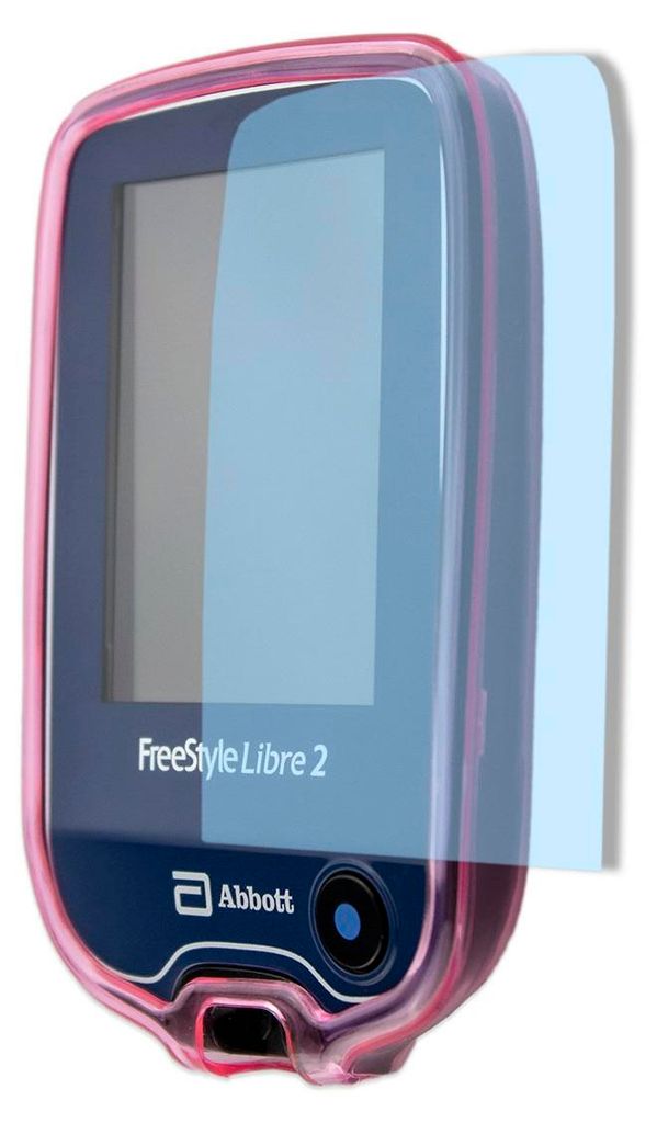 A pink protective case for a Freestyle Libre 2 glucose meter, with a screen protector.