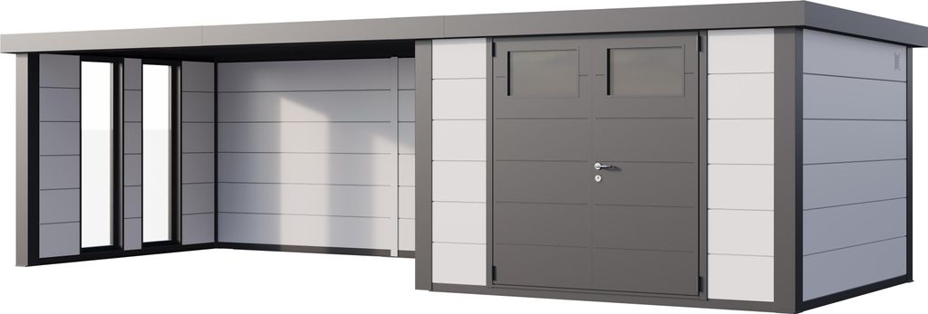 Telluria Metallgerätehaus Classico 3030 mit Lounge Anbau (ca. 450 cm Breite) inkl. 2 Fenstern weiß Lounge-Anbau links