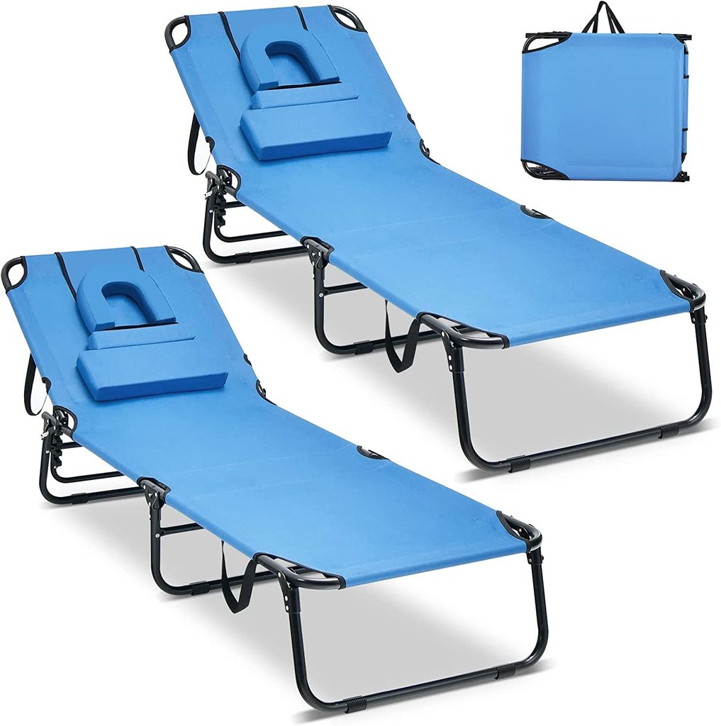 COSTWAY Sonnenliege mit Gesichtsöffnung, klappbarer Gartenliege mit 3 abnehmbaren Kissen und 5-Fach Verstellbarer Rückenlehne, Strandliege Lieges...