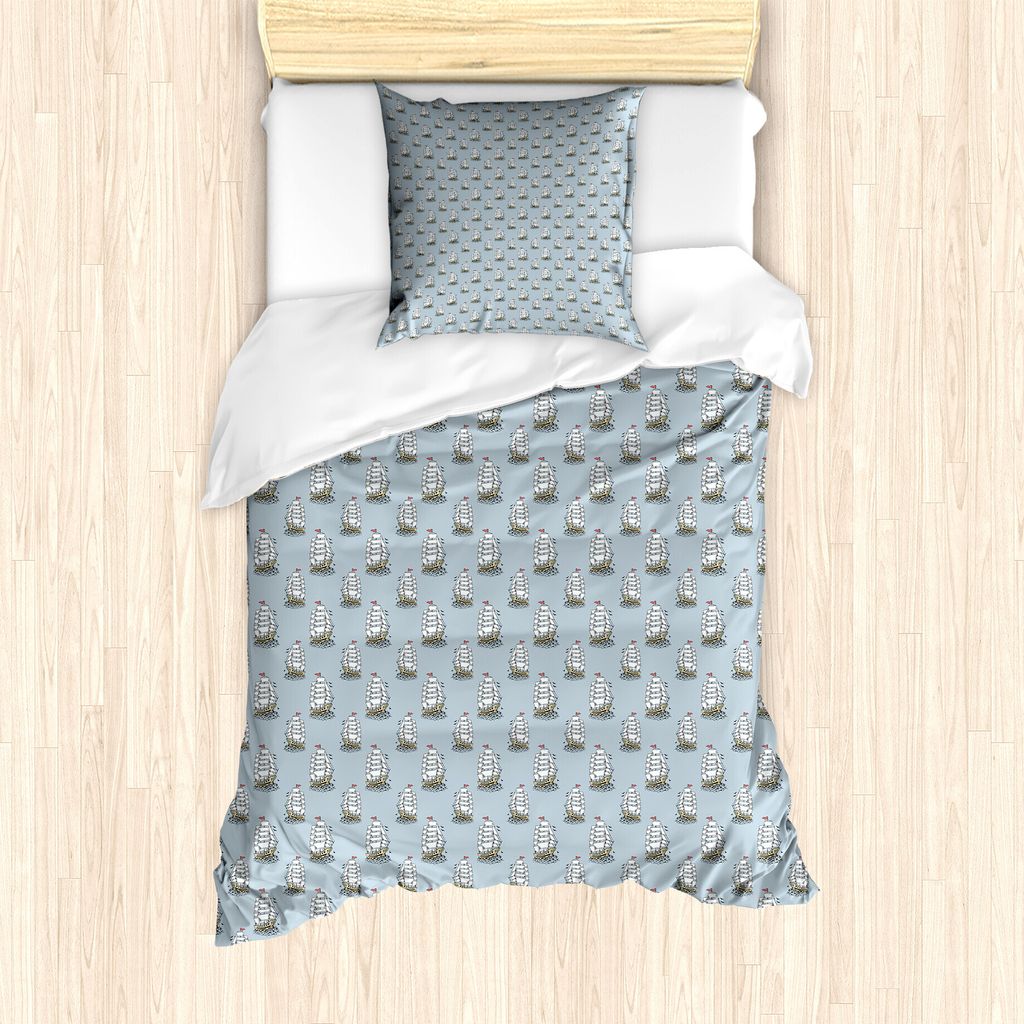 ABAKUHAUS Segeln Bettbezug Set für Einzelbetten, Abenteuerliche Segelboot Kunst, Milbensicher Allergiker geeignet mit Kissenbezug, 135 cm x 200 cm...