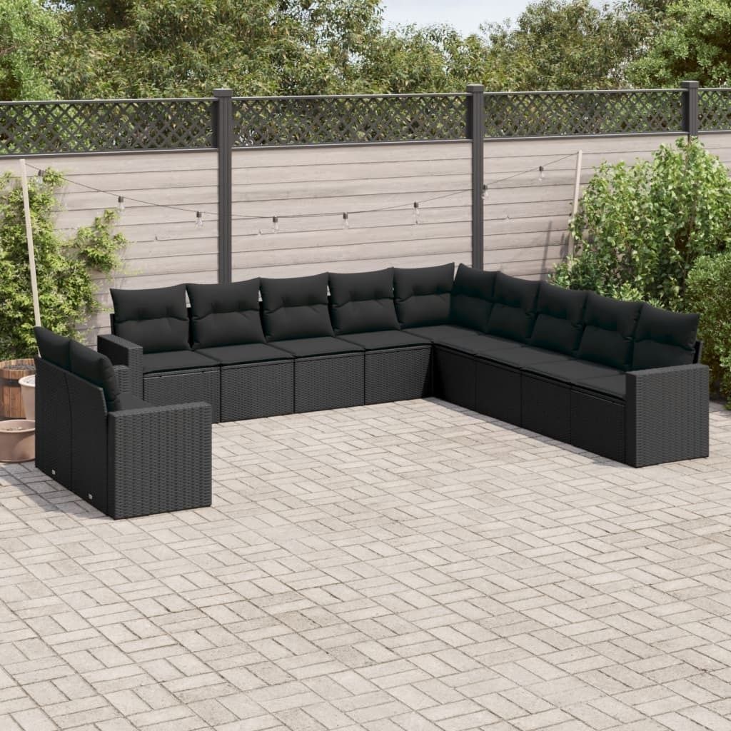 11-tlg. Garten-Sofagarnitur mit Kissen Schwarz Poly Rattan, Gartenstühle 3251522