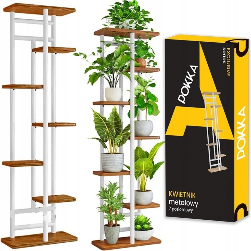 A product image showing a multi-tiered plant stand with plants on it, next to its packaging.