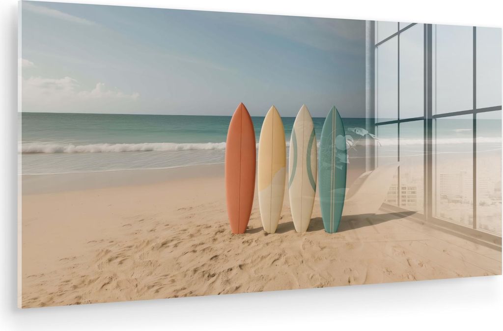 MuchoWow Glasbilder - Bilder auf Wandbild - Foto auf Glas Strand - Surfbrett - Pastell 120x60 cm Wanddekoration aus Glas - Acrylglasbild - Acrylbil...