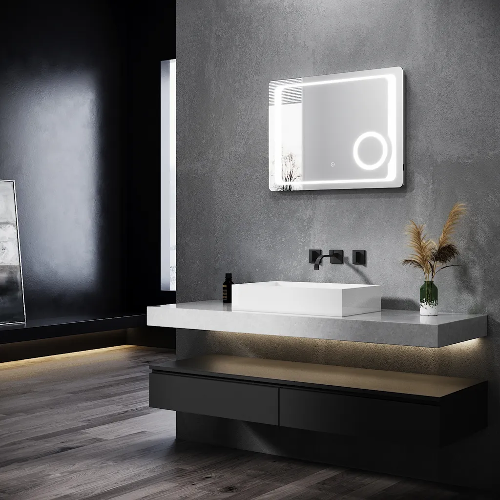SONNI Specchio da bagno a LED Specchio illuminato senza nebbia 80 x 60 cm Specchio da bagno con illuminazione Interruttore a sfioramento Specchio da parete a LED con presa per rasoio e specchio da trucco con ingrandimento 3x - 9