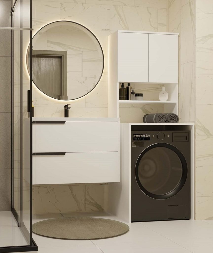 A modern bathroom vanity with a washing machine and storage.