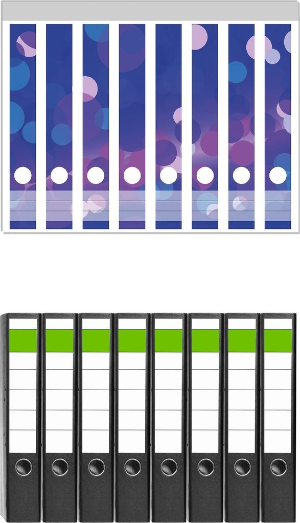 Wallario 8 Stück schmale Ordner inkl. Klebeetiketten mit Motive Blaue Kreise mit pink - harmonisches Muster - Set mit Rückenschildern / Ordnerrü...