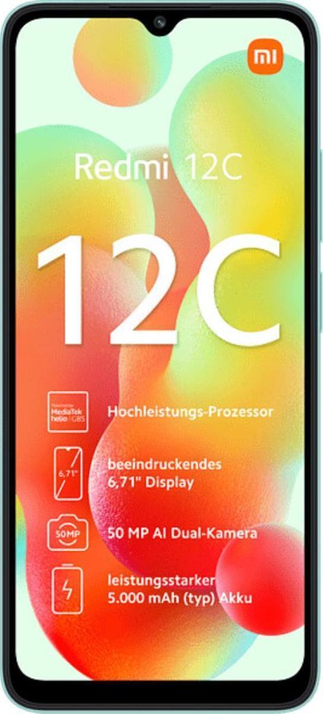 Marketing image for a Xiaomi Redmi 12C smartphone, highlighting its features.