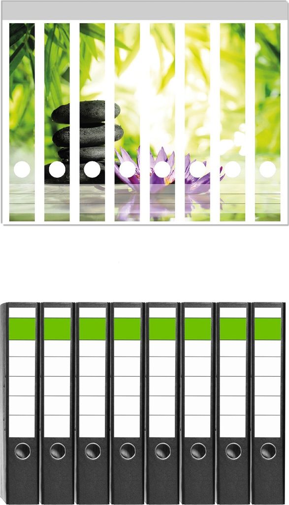 Wallario 8 Stück schmale Ordner inkl. Klebeetiketten mit Motive Steinstapel in schwarz mit Blumenblüte in lila - Set mit Rückenschildern / Ordn...