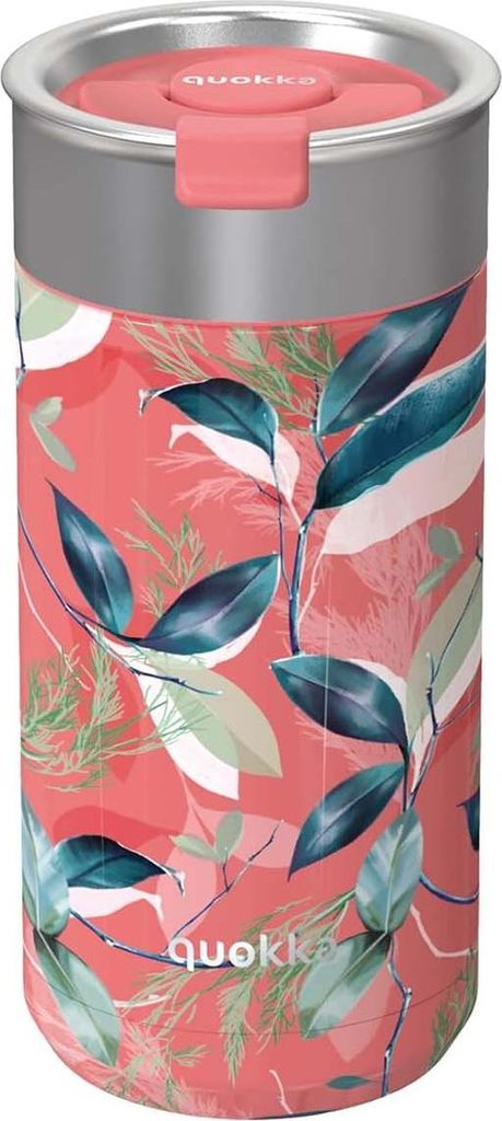 A close-up studio shot of a Quokka Boost stainless steel thermal mug with a floral pattern.