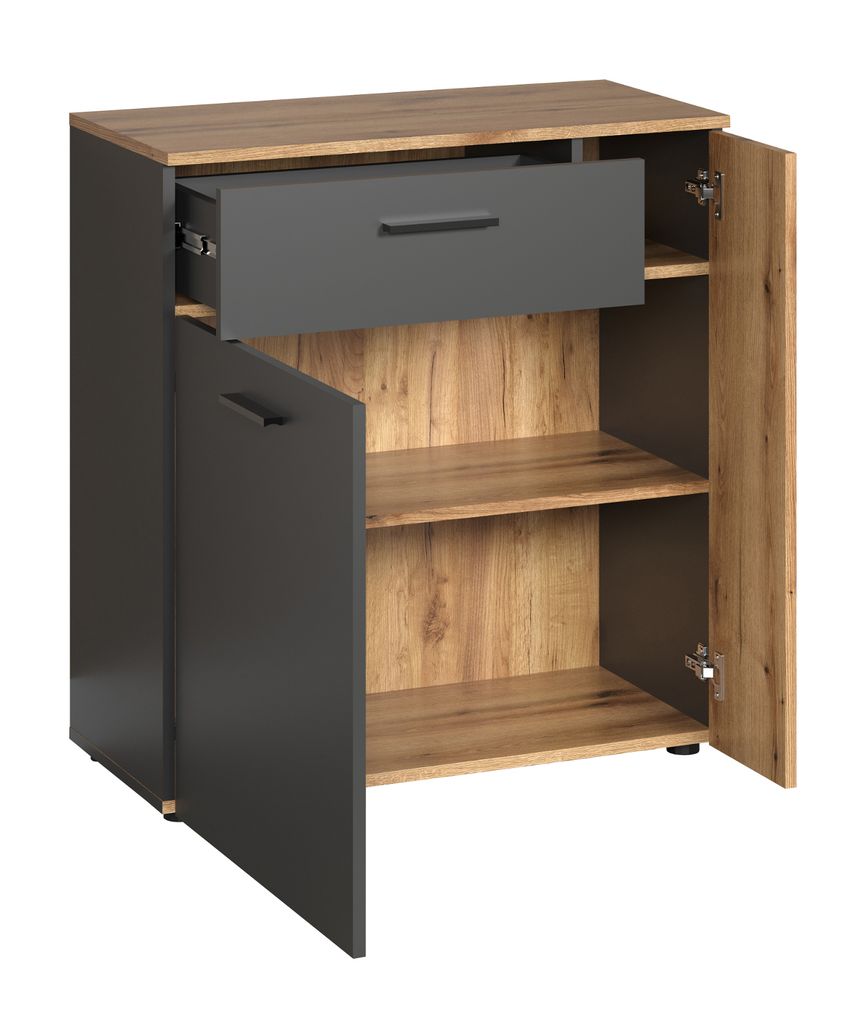 A product image of a sideboard with one drawer and two doors, showing the interior shelves.