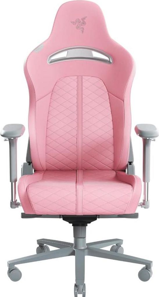 A pink gaming chair is shown from the front against a white background.