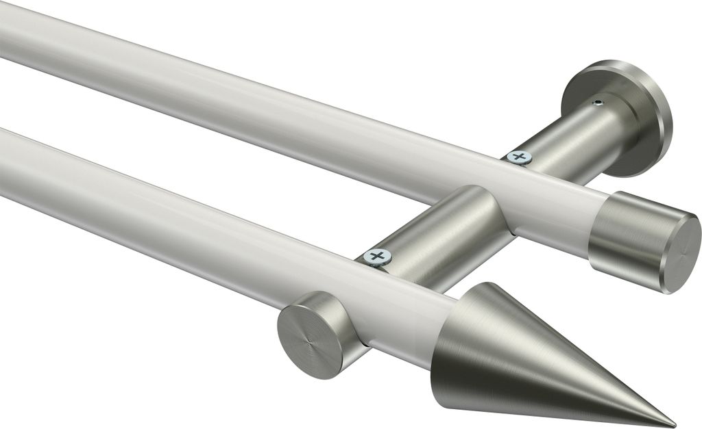 Interdeco Gardinenstange / Vorhangstange Weiß / Edelstahl-Optik, Typ Platon Savio (Kegel) ohne Ringe, 20 mm Ø 2-läufig, 420 cm