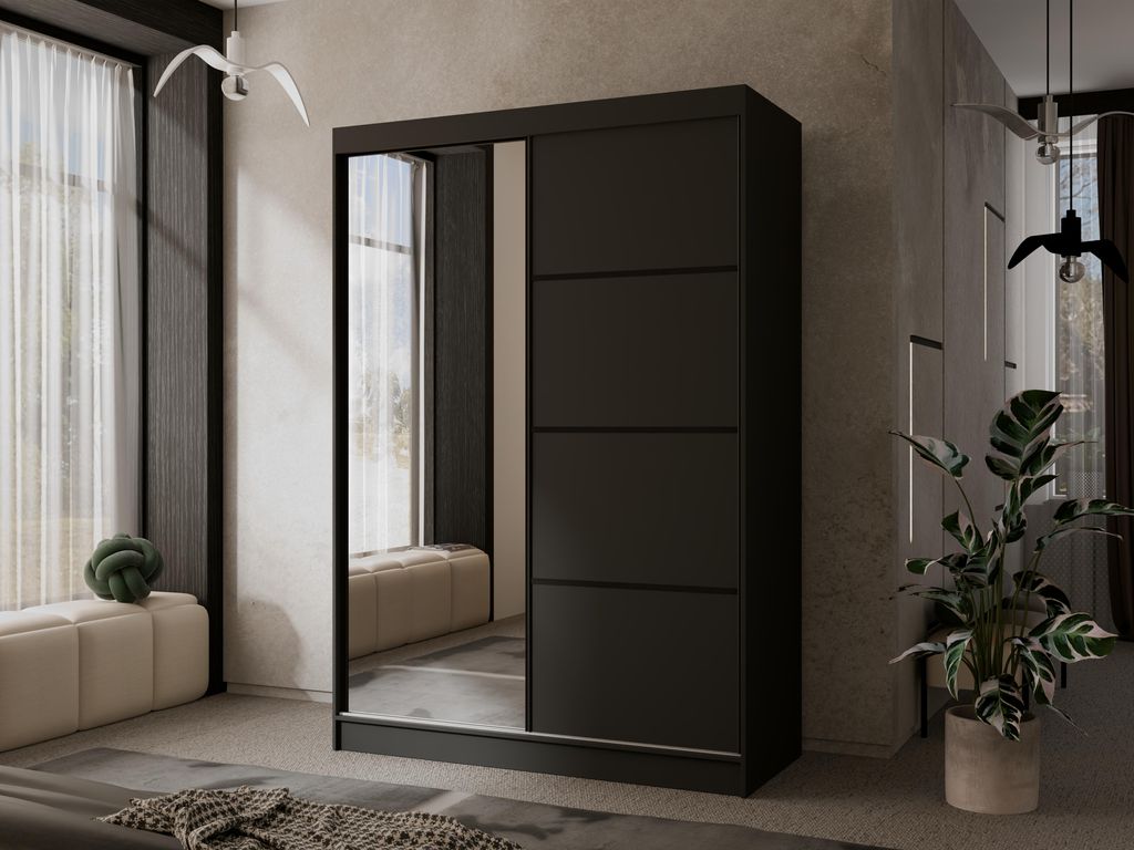Modern Kleiderschrank mit Spiegel Matteo II 150 cm Spiegelschrank mit 2 Schiebetüren weiß Schrank Garderobenschrank, Farbe: Schwarz, Schwarz Alum...