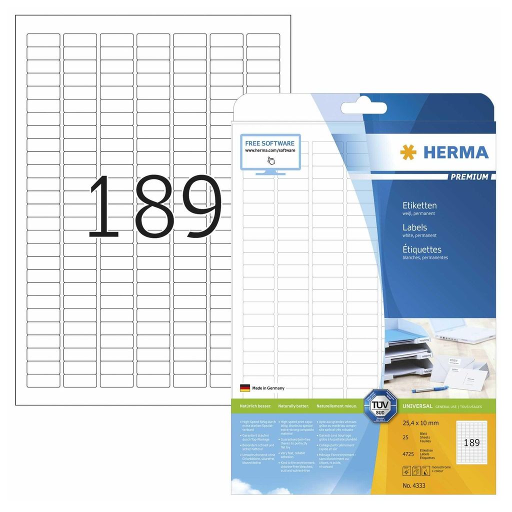 Etiketten Premium A4, weiß 25,4x10 mm Papier matt 4725 St. Produktbild 