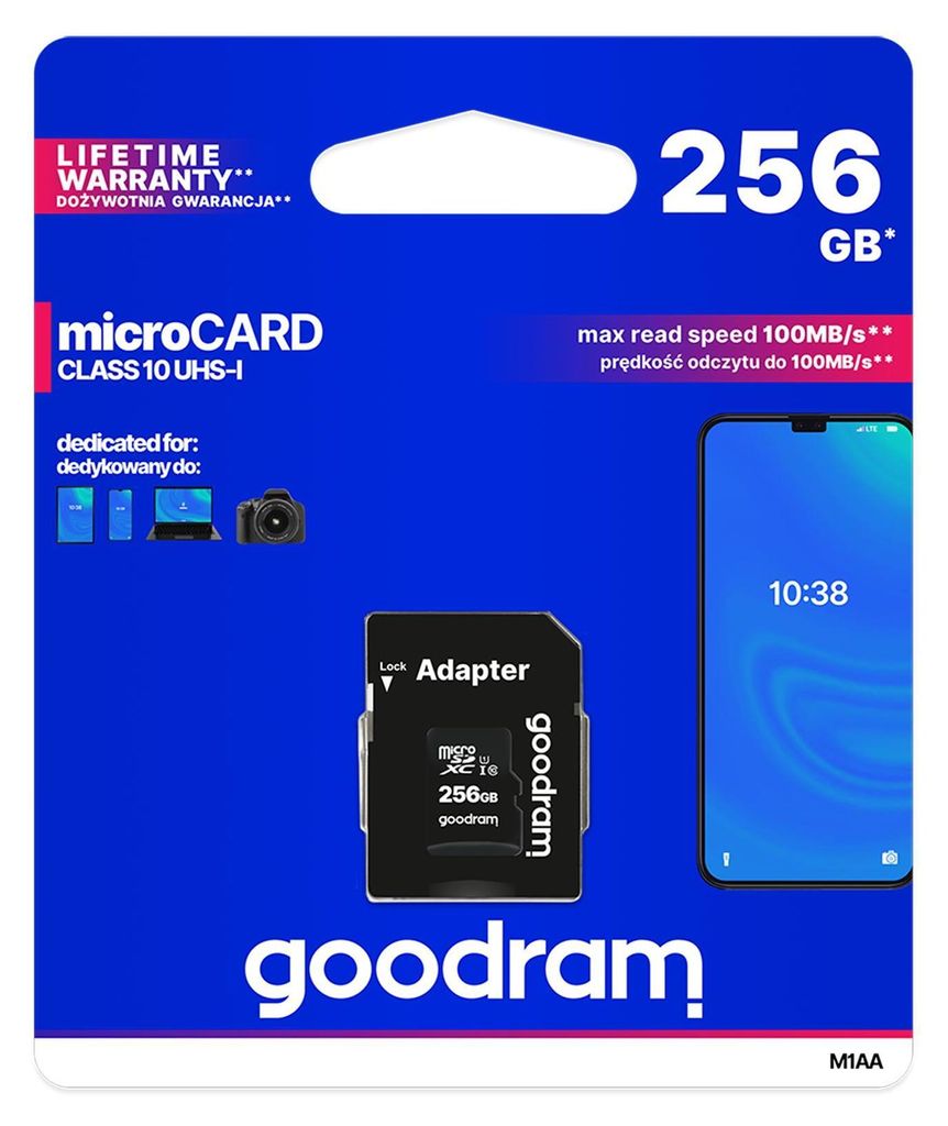 Goodram M1AA, 256 GB, MicroSDXC, Klasa 10, UHS-I, 100 MB/s, Zdjęcie produktu 