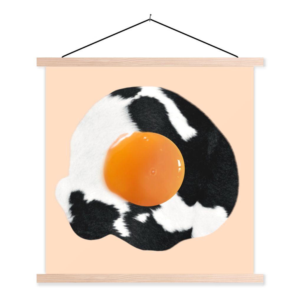 MuchoWow Textilposter Ei - Lebensmittel - Kuhdruck - Tiere 120x120 cm mit holzfarbenen Rahmen - Textil-Poster