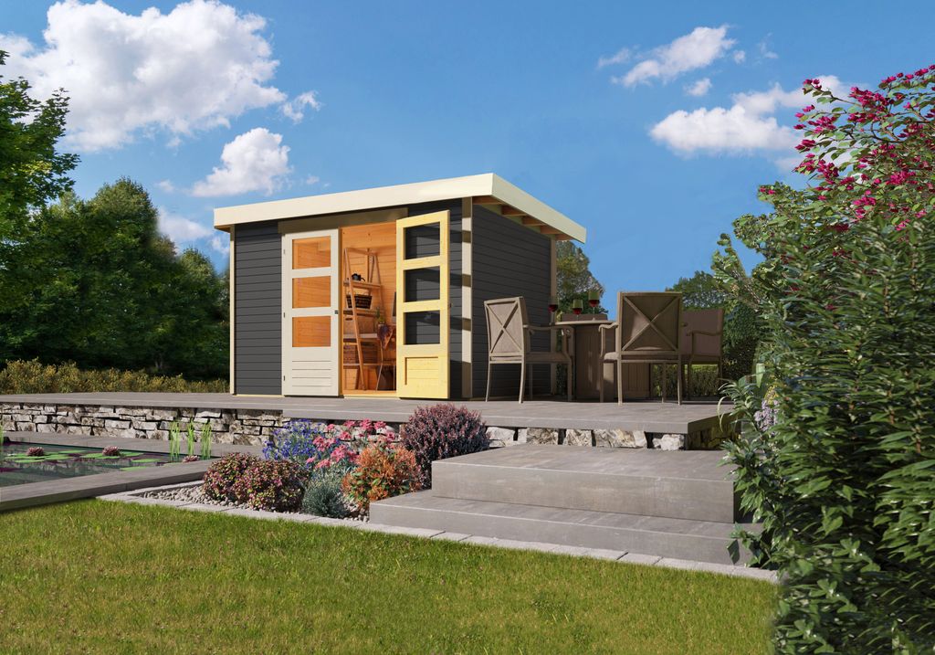 Karibu Gartenhaus "Calabar 4" SET terragrau mit Boden und Produktbild 