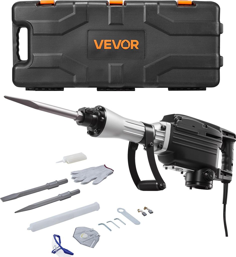 VEVOR Abbruchhammer elektrischer Betonhammer 2800 W, 1200 BPM Presslufthammer mit Spitzmeißel & Flachmeißel & Tragekoffer & Handschuhe & Schutzbr...