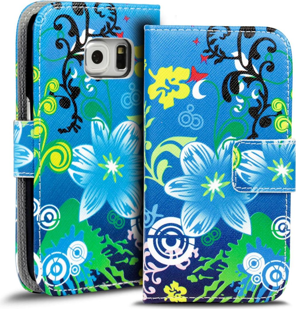 A close-up view of a blue flip phone case with a floral pattern.
