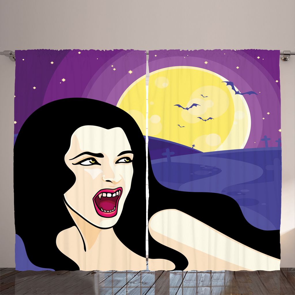 ABAKUHAUS Halloween Rustikaler Gardine, Vampir-Mädchen auf Friedhof, Schlafzimmer Kräuselband Vorhang mit Schlaufen und Haken, 280 x 225 cm, Lila...