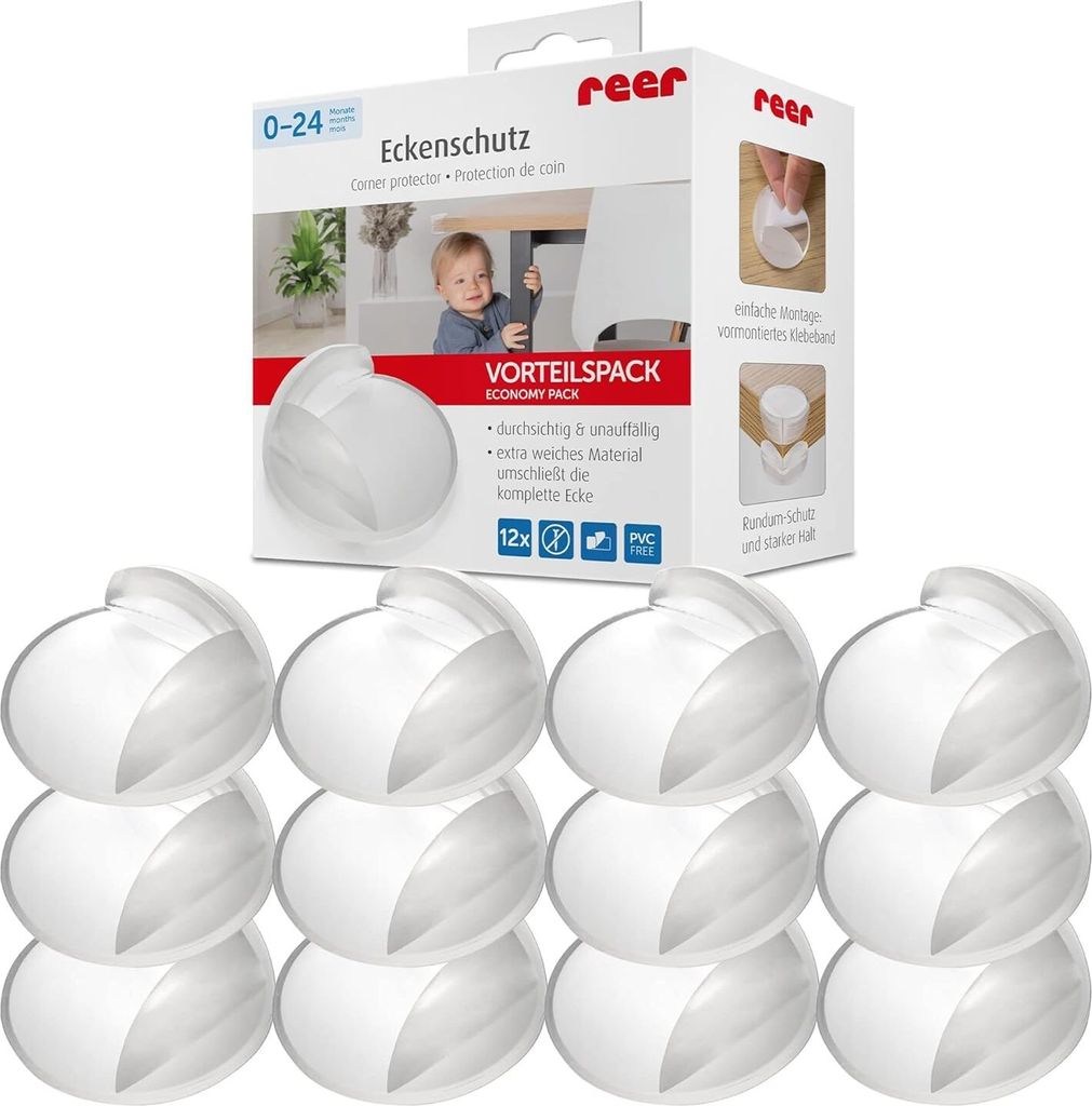A product package for reer Eckenschutz (corner protectors) with a child shown in the background.