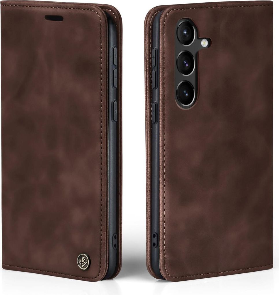 A dark brown flip cover phone case for a Samsung Galaxy S23 FE is shown from two angles.