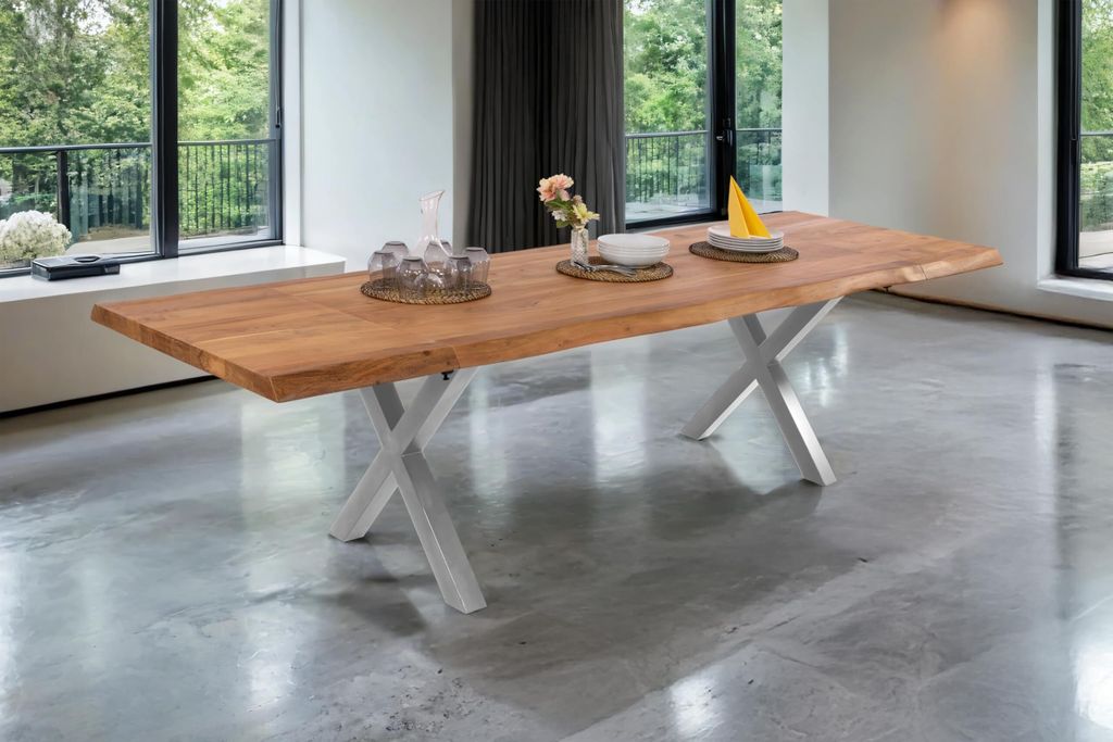Esstisch Cali mit Ansteckplatten | 220 x 100 cm (erweiterbar auf 320 x 100 cm) | Akazie massiv & naturfarben | echte Baumkante | X-Gestell Metall S...