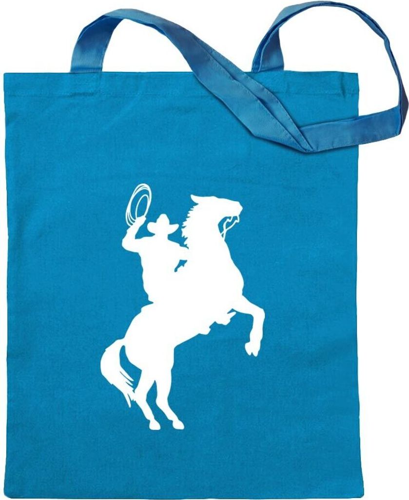 Kiwistar - Baumwolltasche - hellblau - Cowboy mit Pferd Lasso - Tragetasche Stoffbeutel Umhängetasche Langer Henkel
