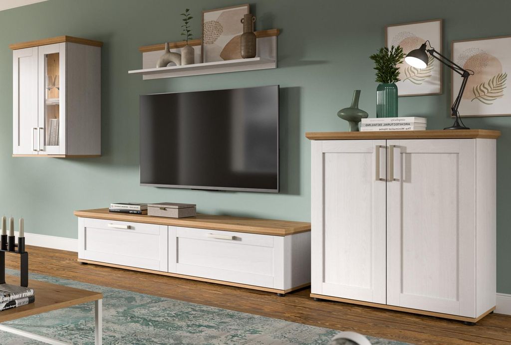 Wohnwand "Mirano" in weiß Lärche und Eiche Artisan Landhaus Wohnkombination 4-teilig 336 cm, inklusive Beleuchtung