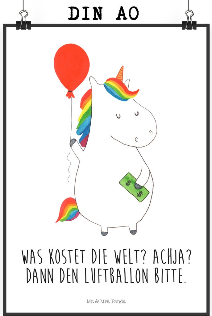 Mr. & Mrs. Panda Bild Einhorn Luftballon DIN A0 - Weiß - Geschenk, Wandbild, drucke, kunstdruck poster, Freundin, Unicorn, Einhörner, Geld, wandd...