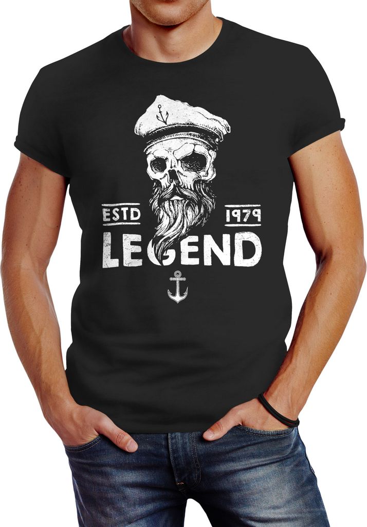 Herren T-Shirt Skull Captain Legend Totenkopf Bart Kapitän Slim Fit Neverless anthrazit 3XL
