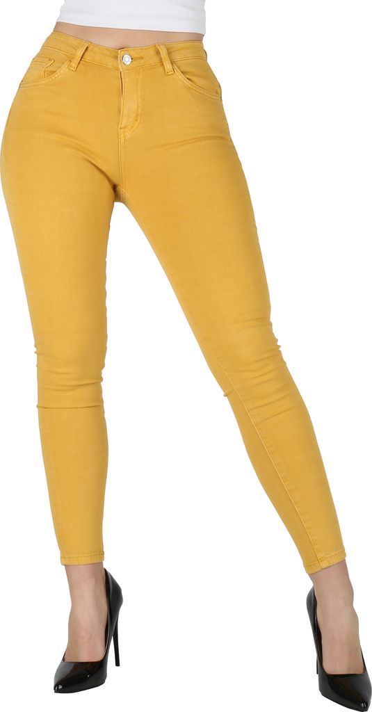 Mytrendshoe Damen Hello Miss Jeans Casual Push-Up Effekt Skinny Fit Hose 837402, Farbe: Dunkelgelb, Größe: 36